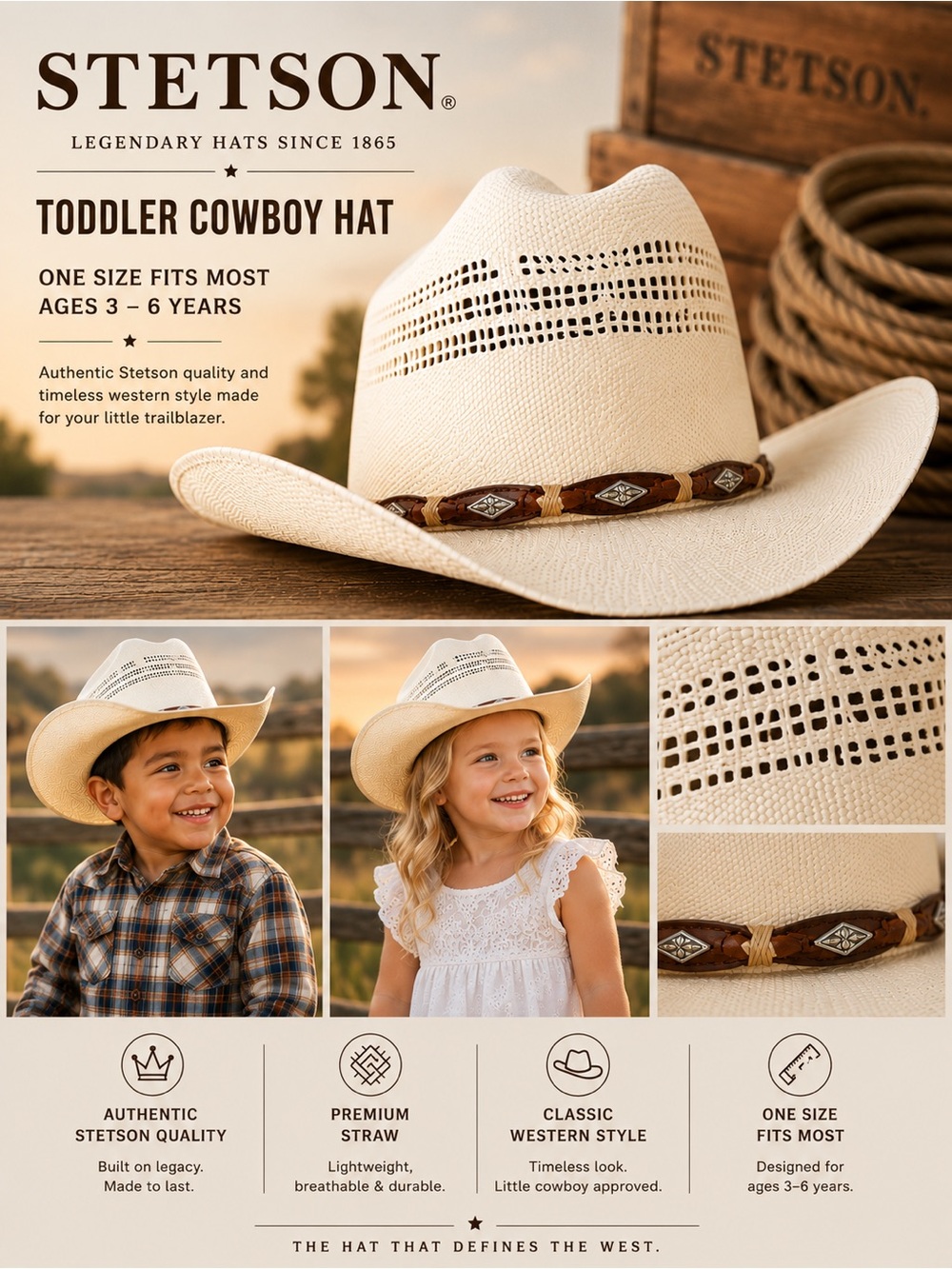 Stetson Toddler Cowboy Hats - Cream Straw with Brown Band - 2 hats included! NWT